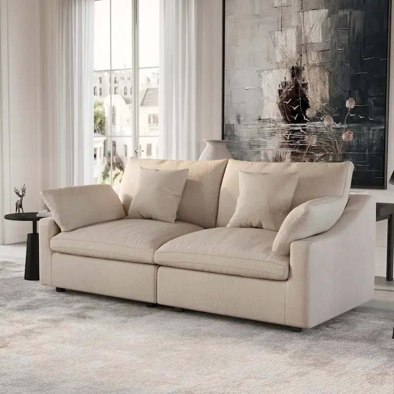 Divano modulare oversize con cuscini, divani in tessuto misto lino con seduta profonda minimalista per soggiorno, kaki