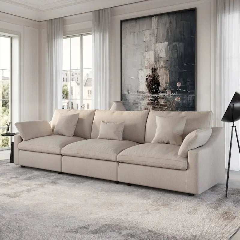Divano modulare oversize con cuscini, divani in tessuto misto lino con seduta profonda minimalista per soggiorno, kaki