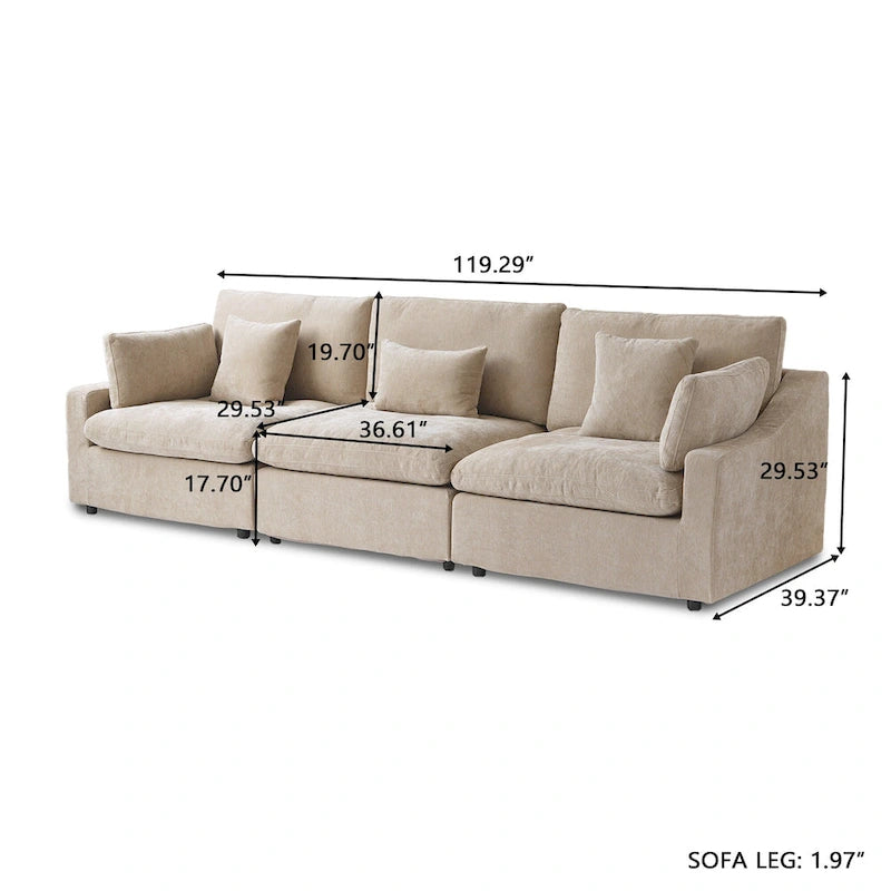Divano modulare oversize con cuscini, divani in tessuto misto lino con seduta profonda minimalista per soggiorno, kaki