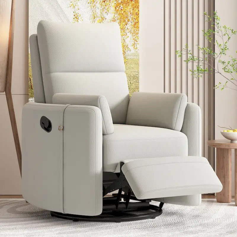 Poltrona reclinabile girevole a dondolo imbottita beige con reclinazione manuale, girevole a 360° e due cuscini rimovibili