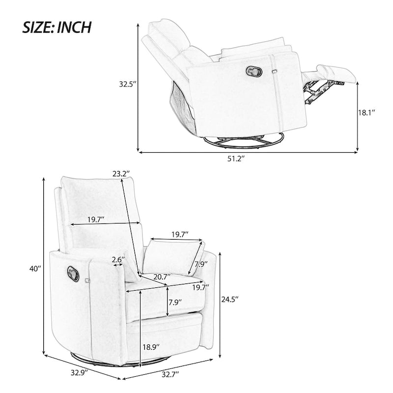 Poltrona reclinabile girevole a dondolo imbottita beige con reclinazione manuale, girevole a 360° e due cuscini rimovibili