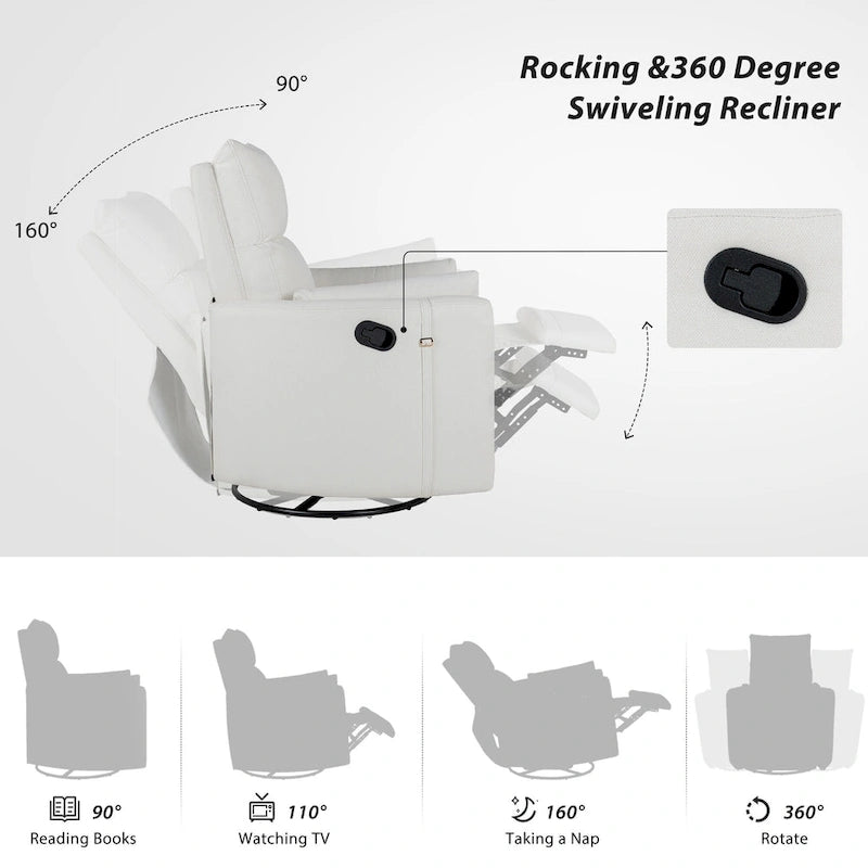 Poltrona reclinabile girevole a dondolo imbottita beige con reclinazione manuale, girevole a 360° e due cuscini rimovibili