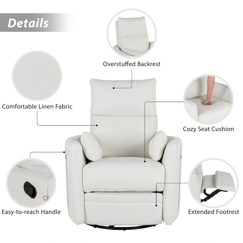 Poltrona reclinabile girevole a dondolo imbottita beige con reclinazione manuale, girevole a 360° e due cuscini rimovibili