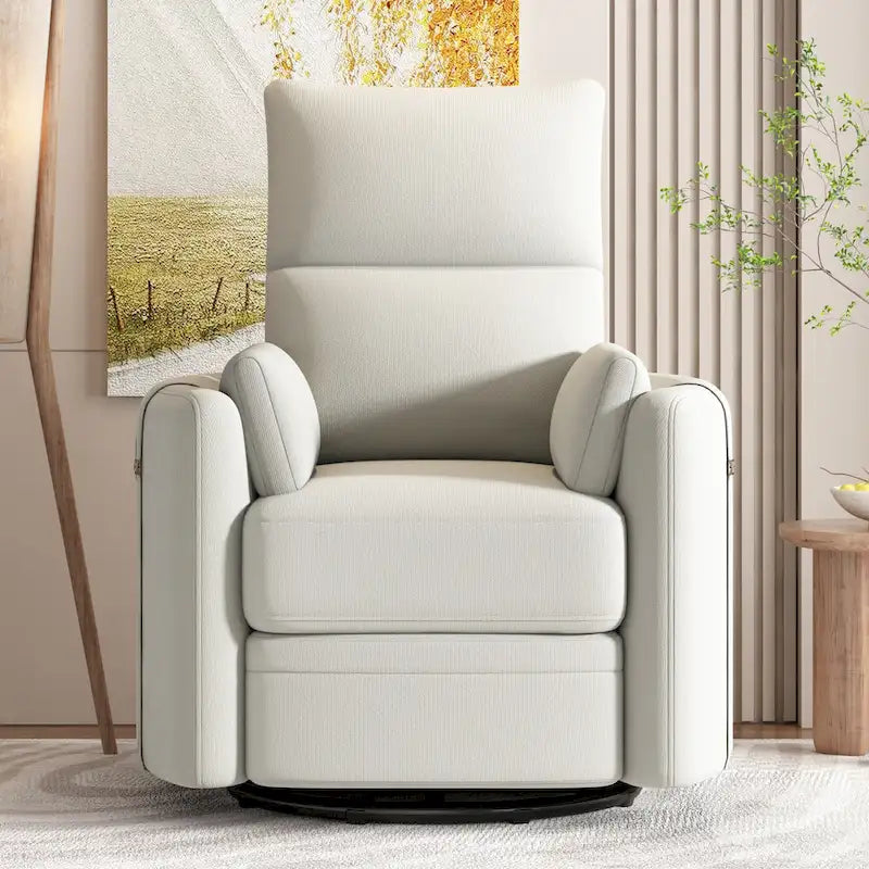 Poltrona reclinabile girevole a dondolo imbottita beige con reclinazione manuale, girevole a 360° e due cuscini rimovibili