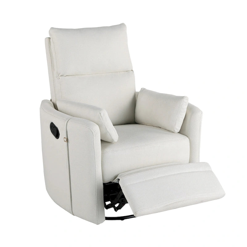 Poltrona reclinabile girevole a dondolo imbottita beige con reclinazione manuale, girevole a 360° e due cuscini rimovibili