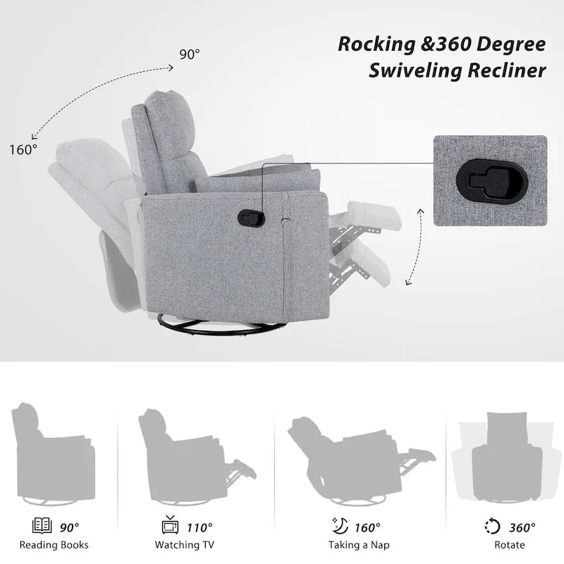 Poltrona reclinabile girevole a dondolo imbottita beige con reclinazione manuale, girevole a 360° e due cuscini rimovibili
