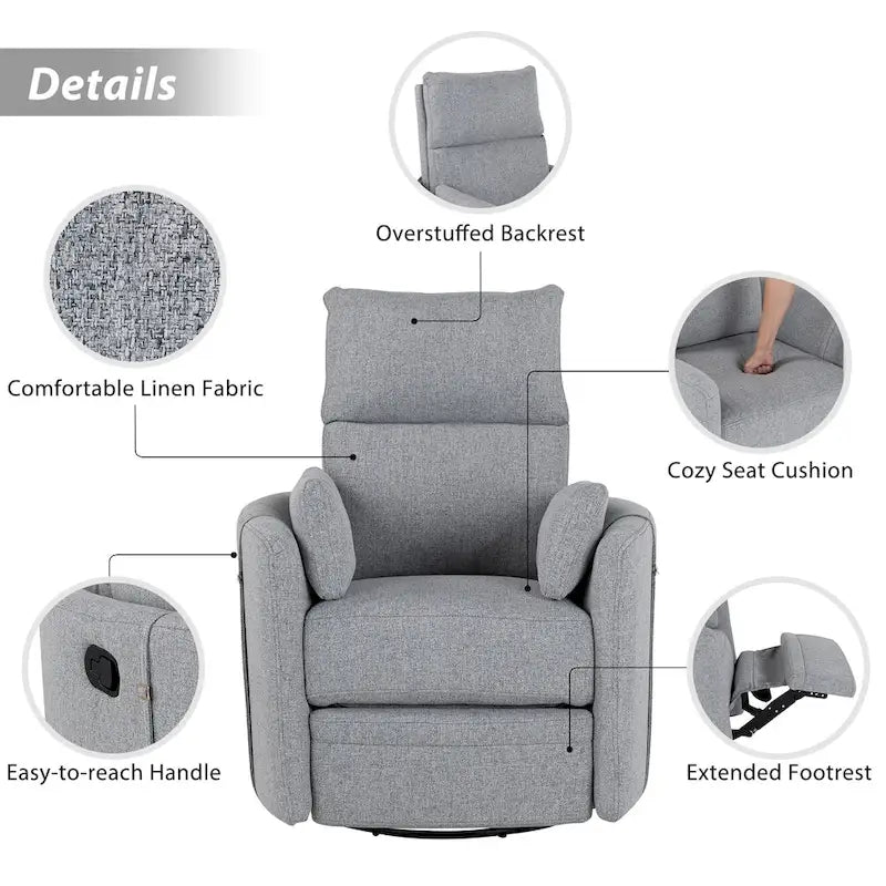 Poltrona reclinabile girevole a dondolo imbottita beige con reclinazione manuale, girevole a 360° e due cuscini rimovibili