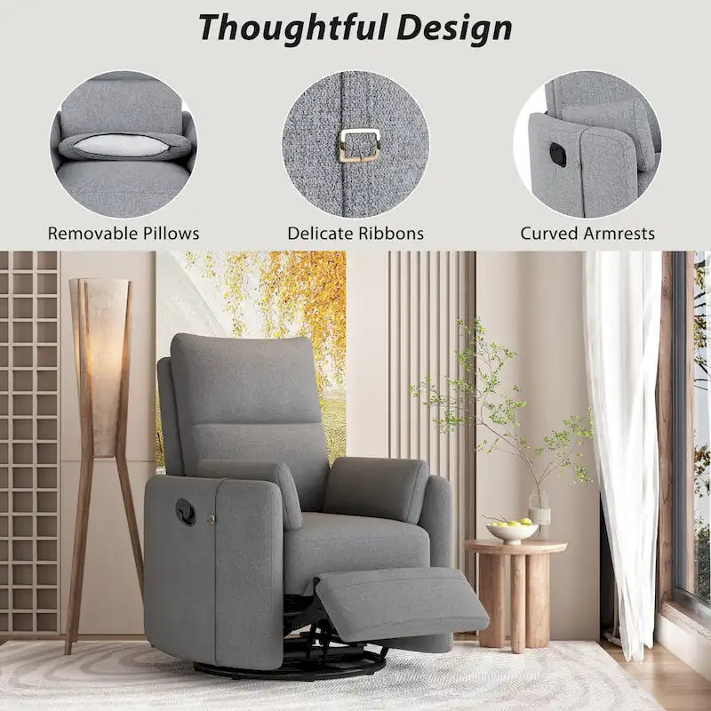 Poltrona reclinabile girevole a dondolo imbottita beige con reclinazione manuale, girevole a 360° e due cuscini rimovibili