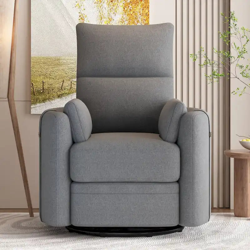 Poltrona reclinabile girevole a dondolo imbottita beige con reclinazione manuale, girevole a 360° e due cuscini rimovibili