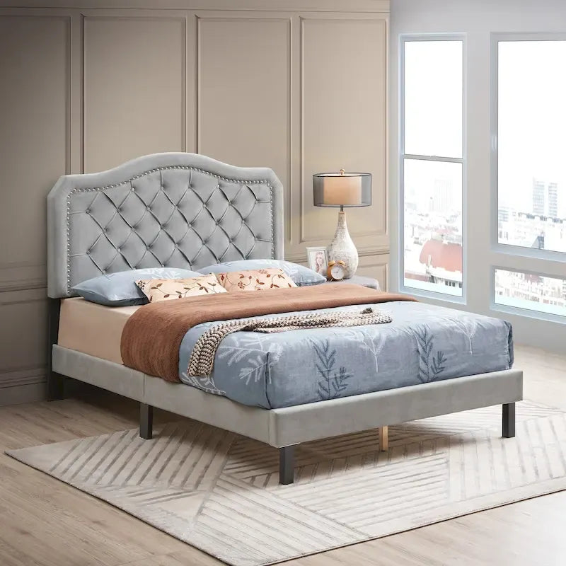 Letto matrimoniale imbottito con bottoni, robusto supporto a doghe in legno