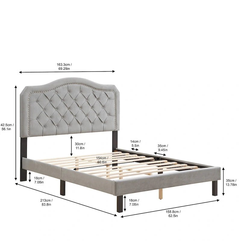 Letto matrimoniale imbottito con bottoni, robusto supporto a doghe in legno
