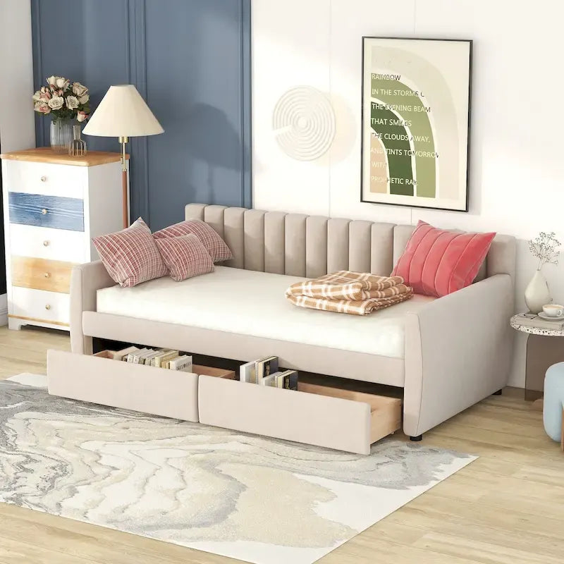 Daybed in velluto con letto estraibile e doghe in legno