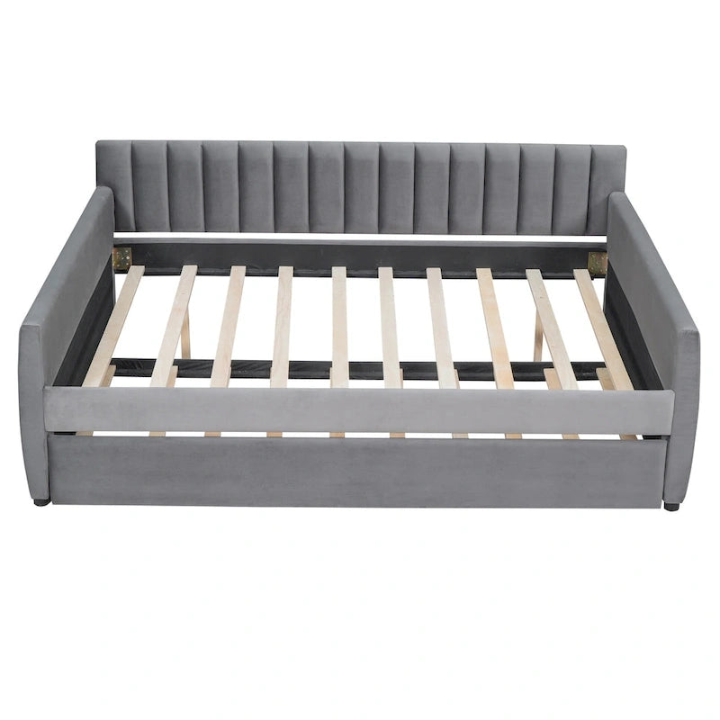 Daybed in velluto con letto estraibile e doghe in legno