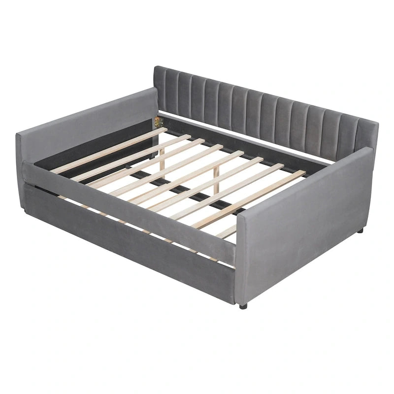 Daybed in velluto con letto estraibile e doghe in legno