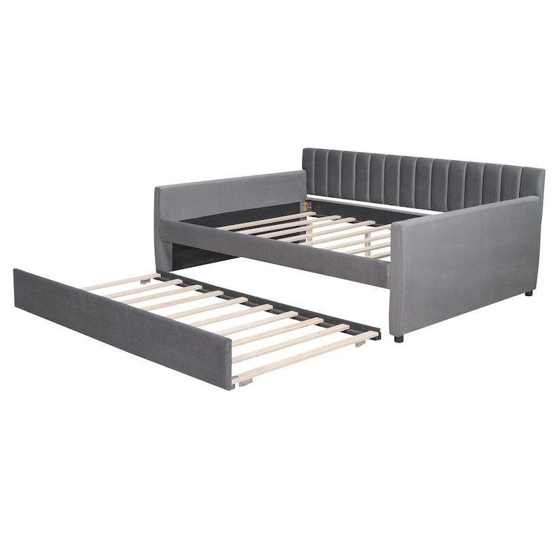 Daybed in velluto con letto estraibile e doghe in legno