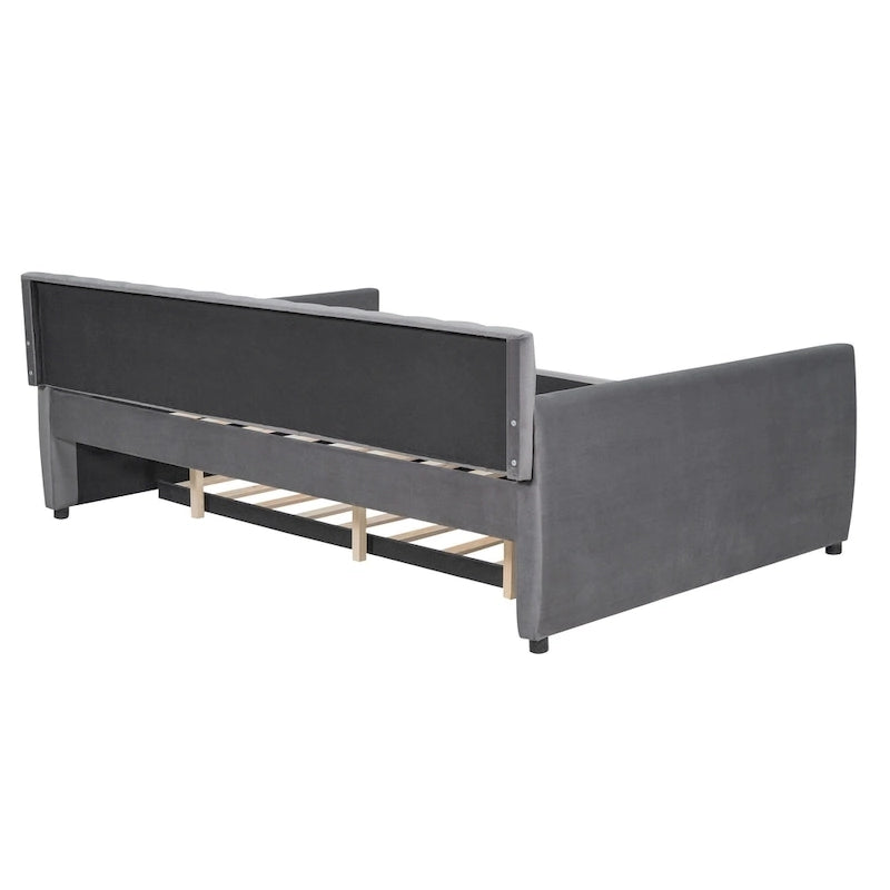 Daybed in velluto con letto estraibile e doghe in legno