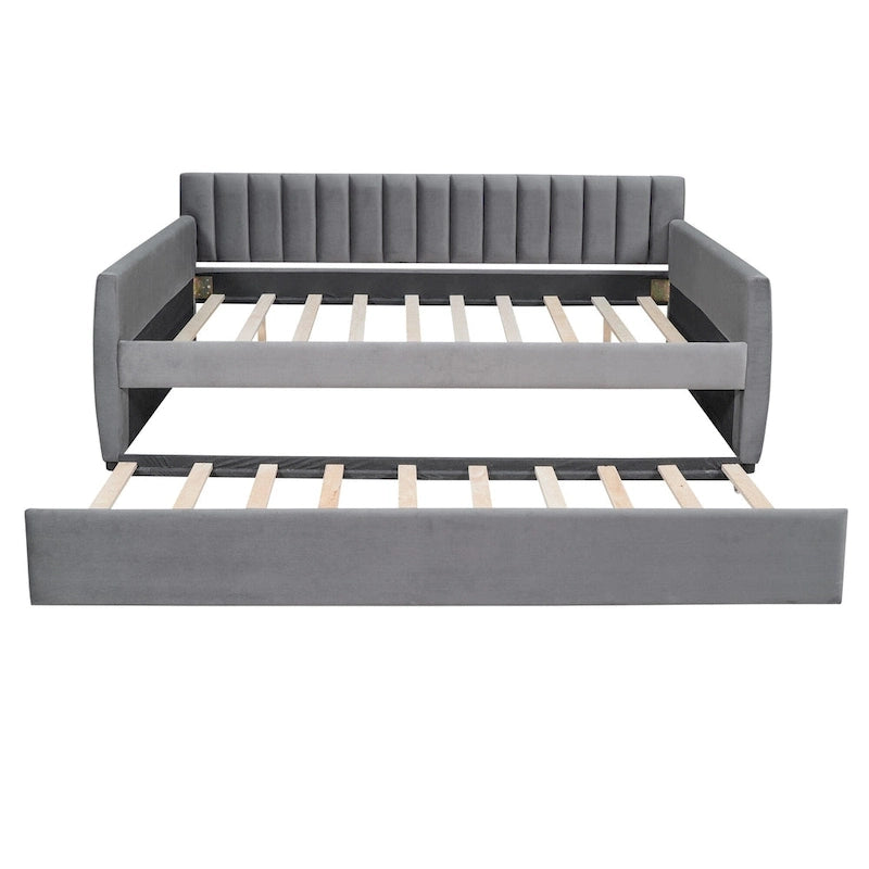 Daybed in velluto con letto estraibile e doghe in legno
