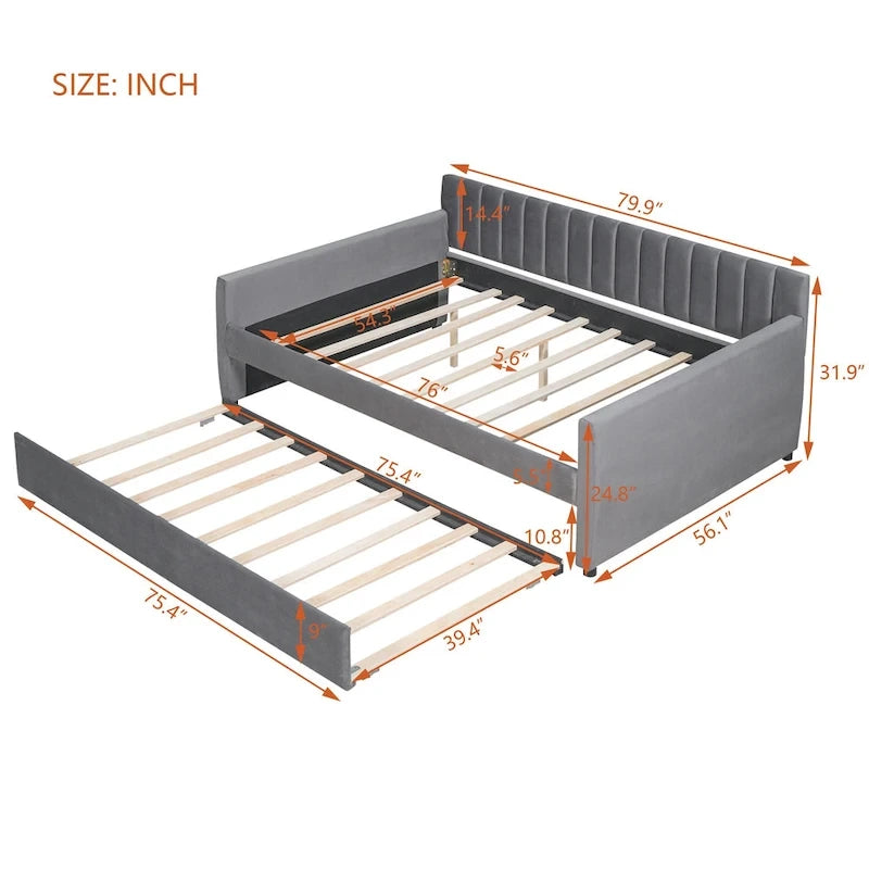 Daybed in velluto con letto estraibile e doghe in legno