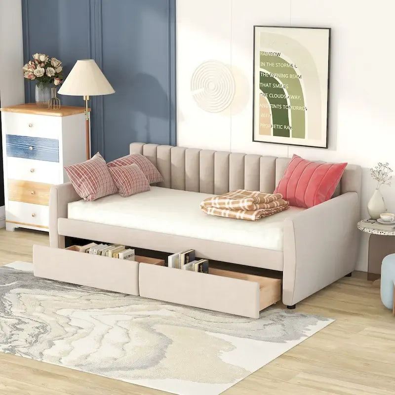 Daybed in velluto con letto estraibile e doghe in legno