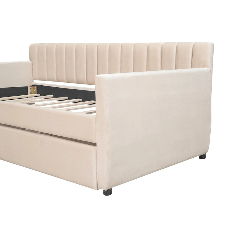 Daybed in velluto con letto estraibile e doghe in legno