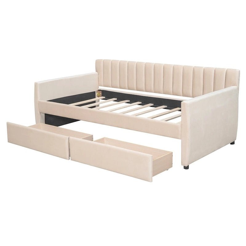Daybed in velluto con letto estraibile e doghe in legno