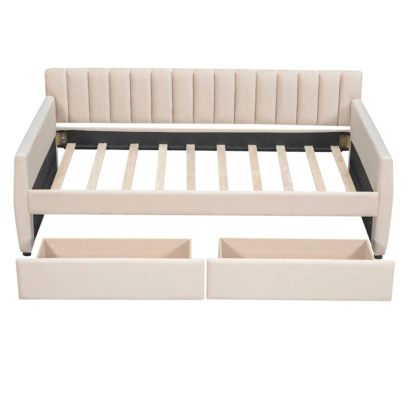 Daybed in velluto con letto estraibile e doghe in legno