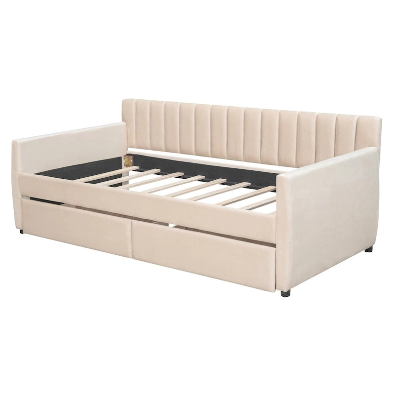 Daybed in velluto con letto estraibile e doghe in legno