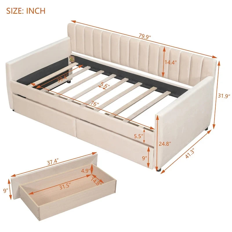 Daybed in velluto con letto estraibile e doghe in legno