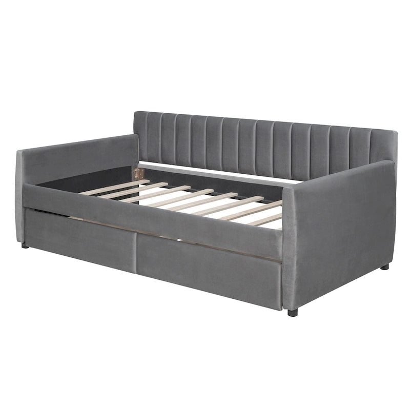 Daybed in velluto con letto estraibile e doghe in legno