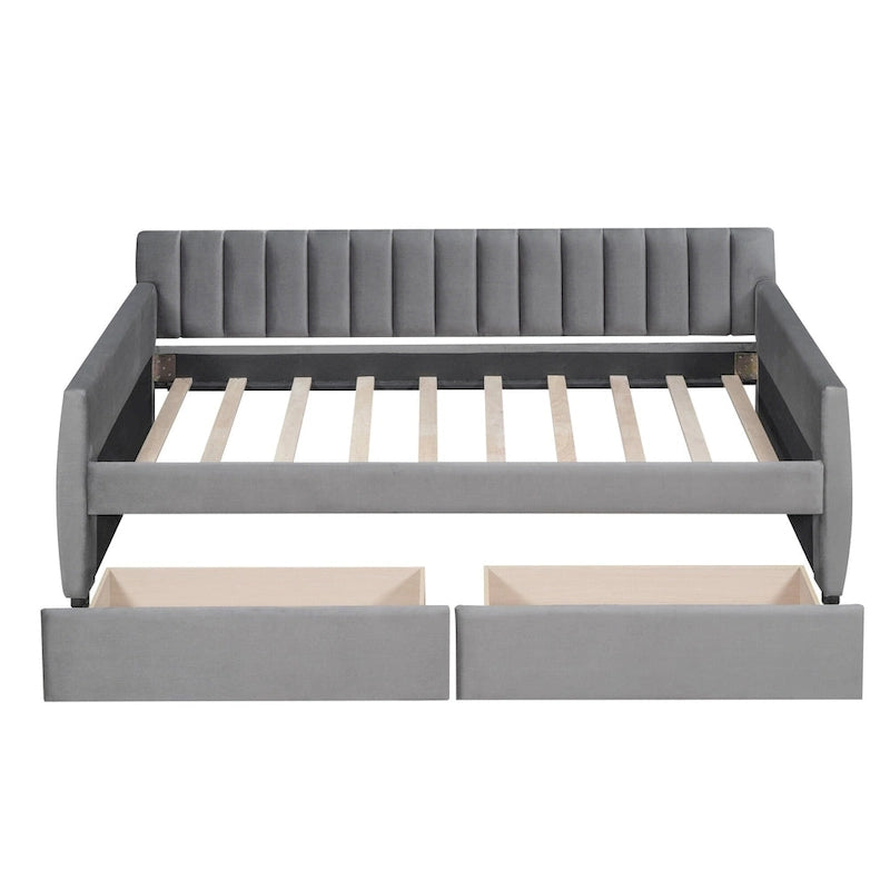 Daybed in velluto con letto estraibile e doghe in legno