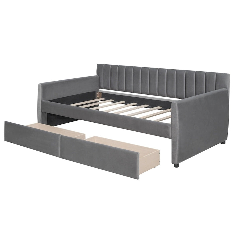 Daybed in velluto con letto estraibile e doghe in legno
