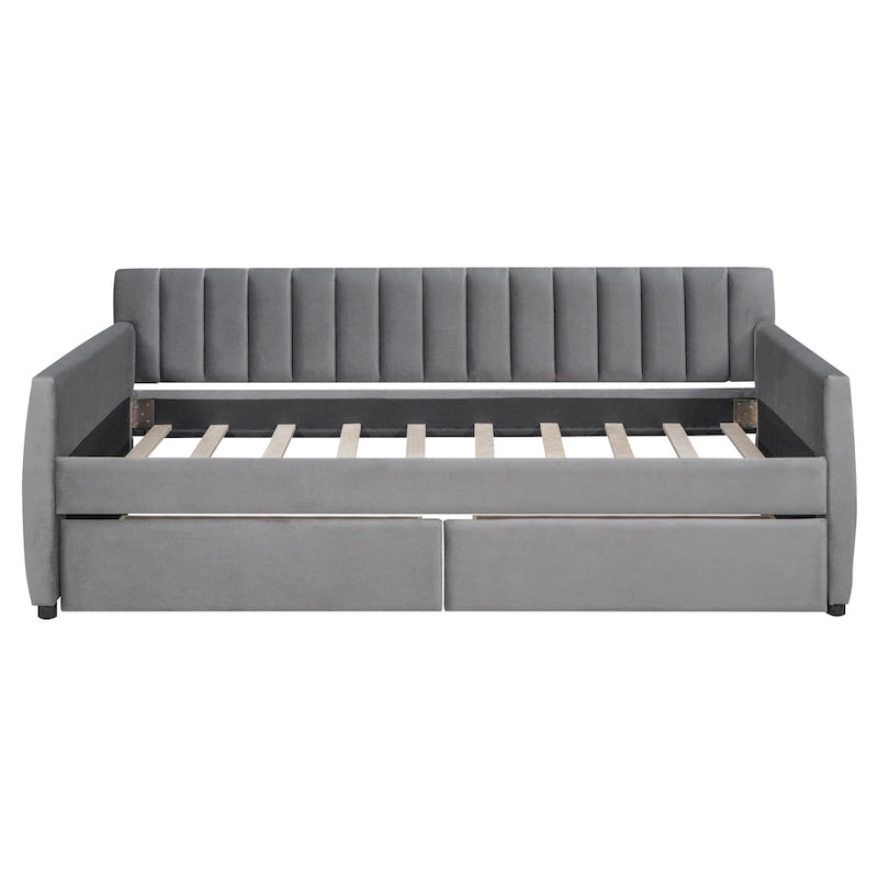 Daybed in velluto con letto estraibile e doghe in legno
