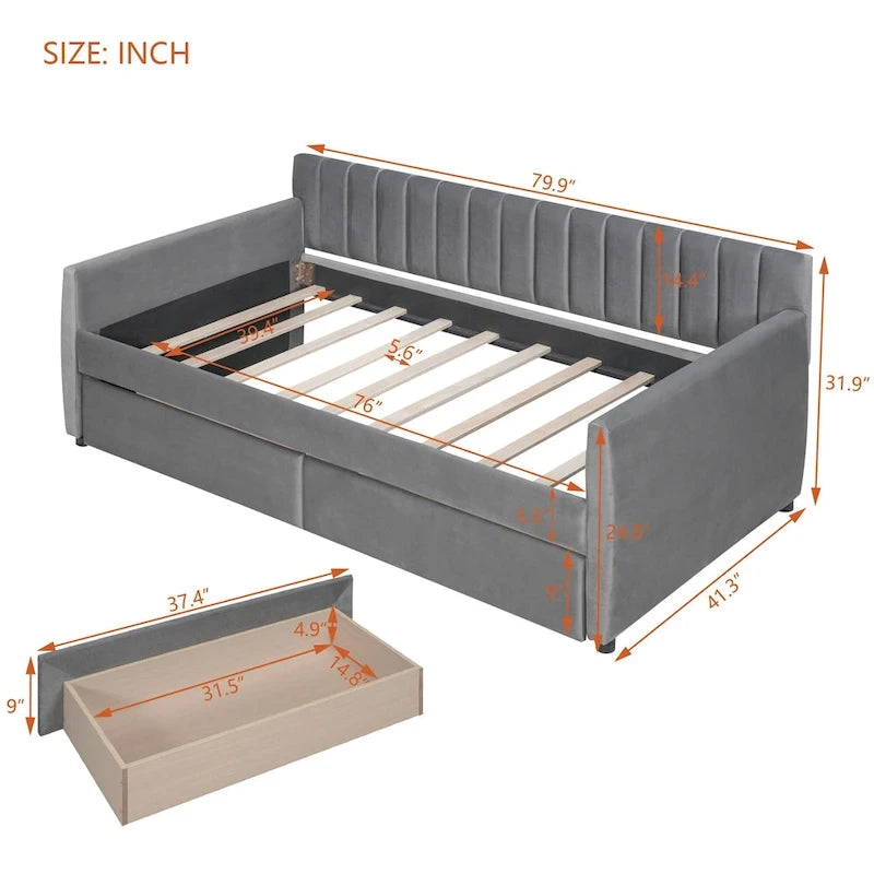 Daybed in velluto con letto estraibile e doghe in legno
