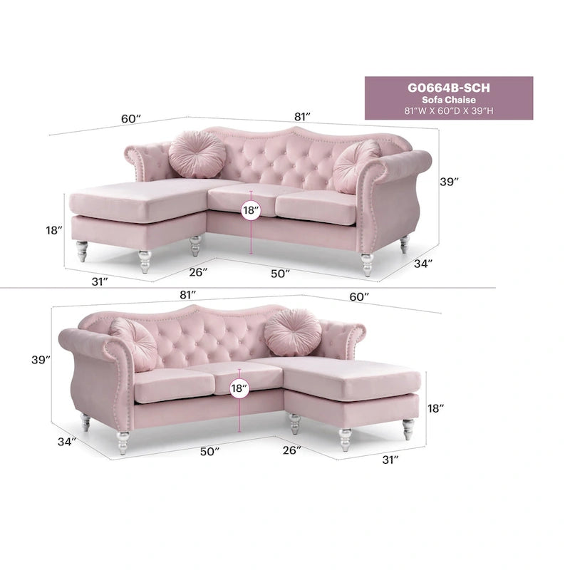Divano componibile Hollywood 81 in. in velluto Chesterfield con 2 cuscini decorativi - 81L x 35P x 34A