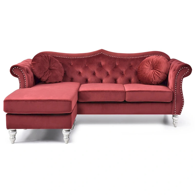 Divano componibile Hollywood 81 in. in velluto Chesterfield con 2 cuscini decorativi - 81L x 35P x 34A