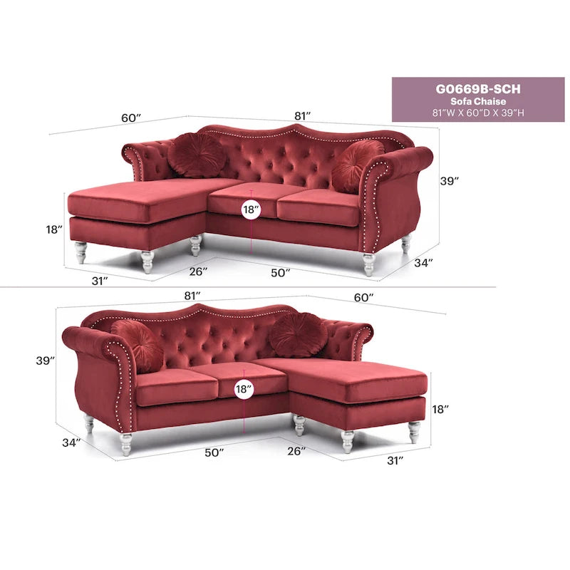Divano componibile Hollywood 81 in. in velluto Chesterfield con 2 cuscini decorativi - 81L x 35P x 34A