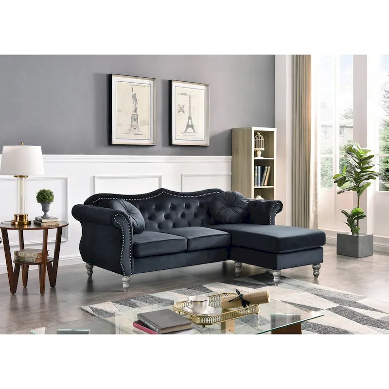 Divano componibile Hollywood 81 in. in velluto Chesterfield con 2 cuscini decorativi - 81L x 35P x 34A