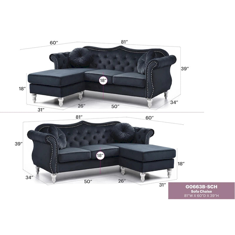 Divano componibile Hollywood 81 in. in velluto Chesterfield con 2 cuscini decorativi - 81L x 35P x 34A