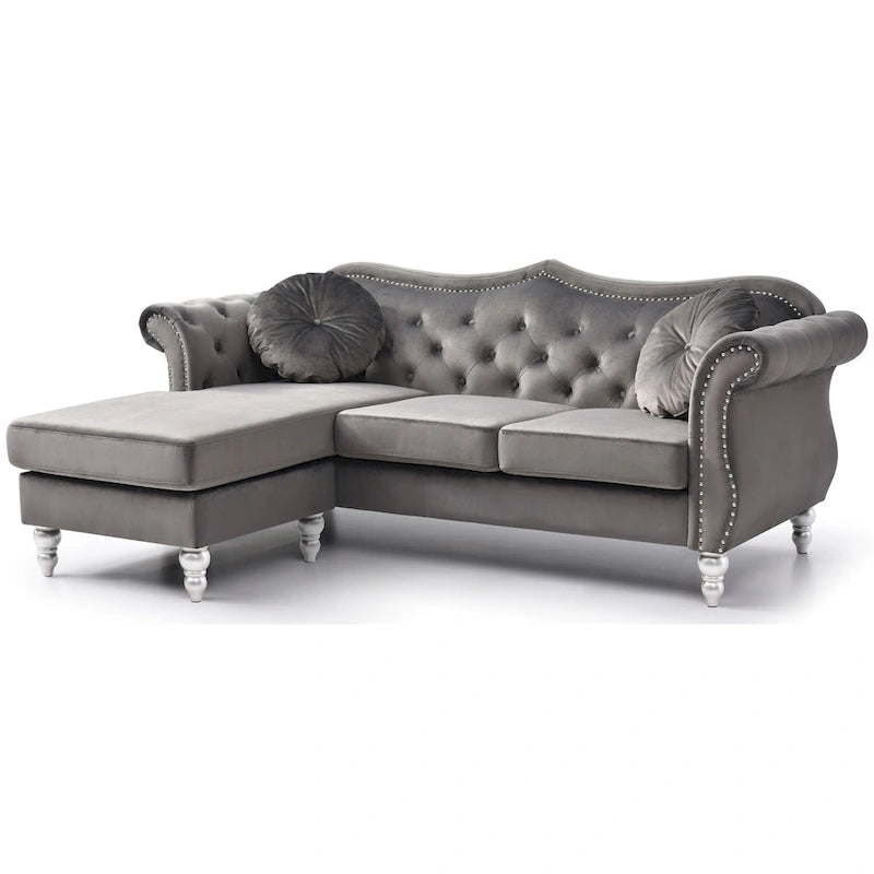 Divano componibile Hollywood 81 in. in velluto Chesterfield con 2 cuscini decorativi - 81L x 35P x 34A