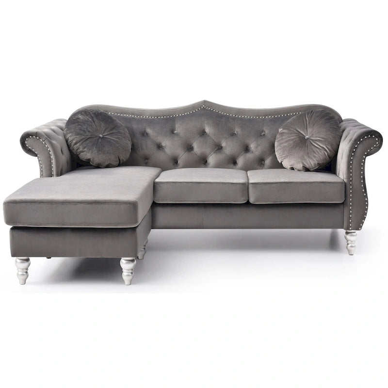 Divano componibile Hollywood 81 in. in velluto Chesterfield con 2 cuscini decorativi - 81L x 35P x 34A