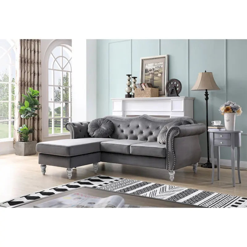 Divano componibile Hollywood 81 in. in velluto Chesterfield con 2 cuscini decorativi - 81L x 35P x 34A
