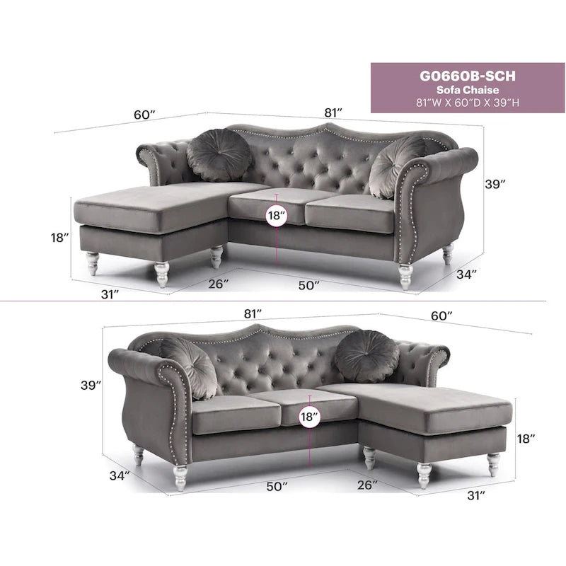 Divano componibile Hollywood 81 in. in velluto Chesterfield con 2 cuscini decorativi - 81L x 35P x 34A