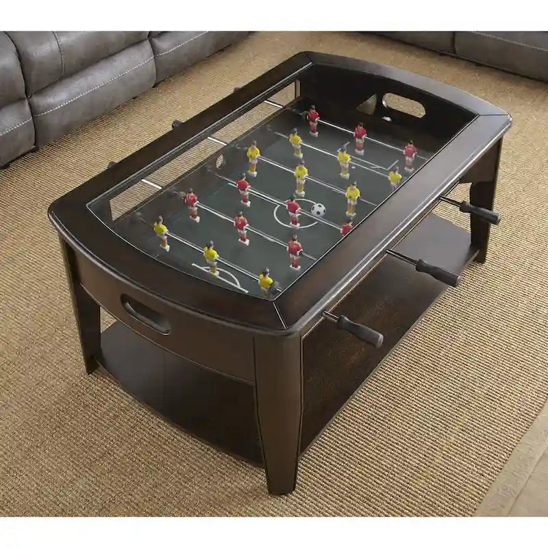 Tavolino da caffè calcio balilla Darlington in legno di noce scuro/vetro