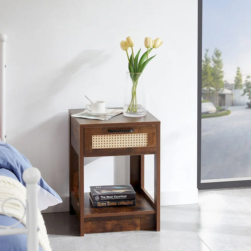 15.75 Tavolino in rattan con cassetto, comodino moderno, tavolino per soggiorno, camera da letto, naturale