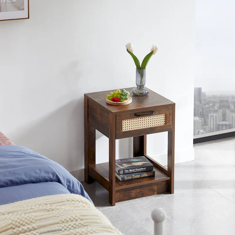 15.75 Tavolino in rattan con cassetto, comodino moderno, tavolino per soggiorno, camera da letto, naturale