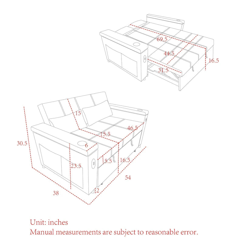 Divano letto a 2 posti con presa USB, tasche laterali e cuscino lombare