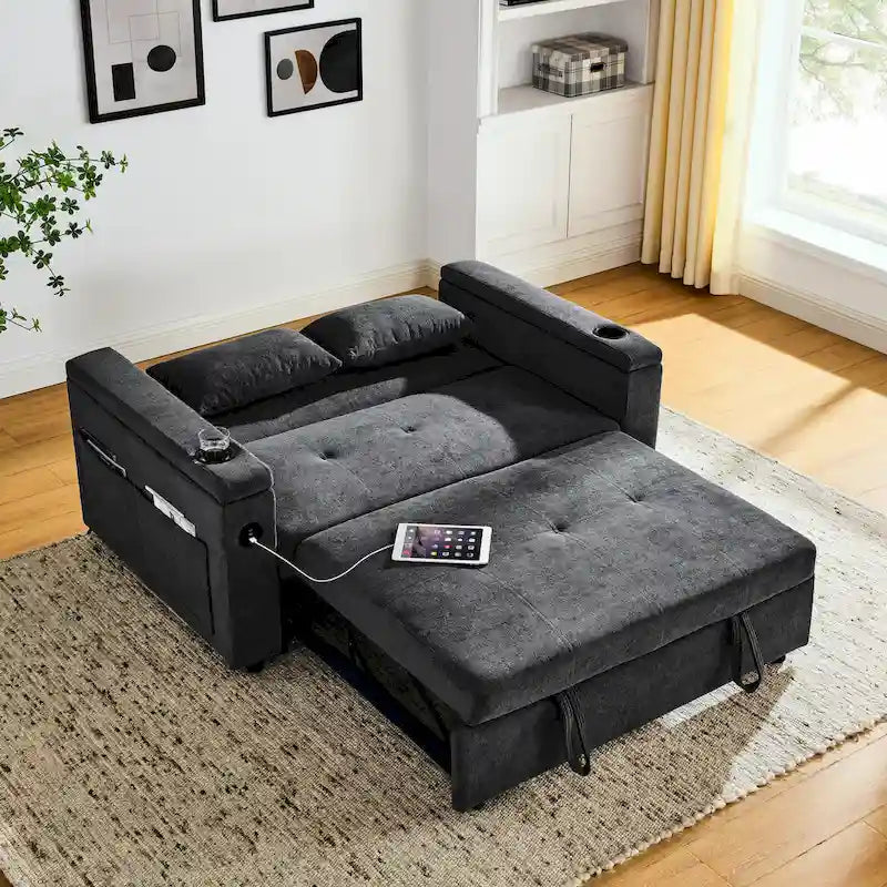 Divano letto a 2 posti con presa USB, tasche laterali e cuscino lombare