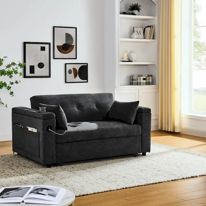 Divano letto a 2 posti con presa USB, tasche laterali e cuscino lombare