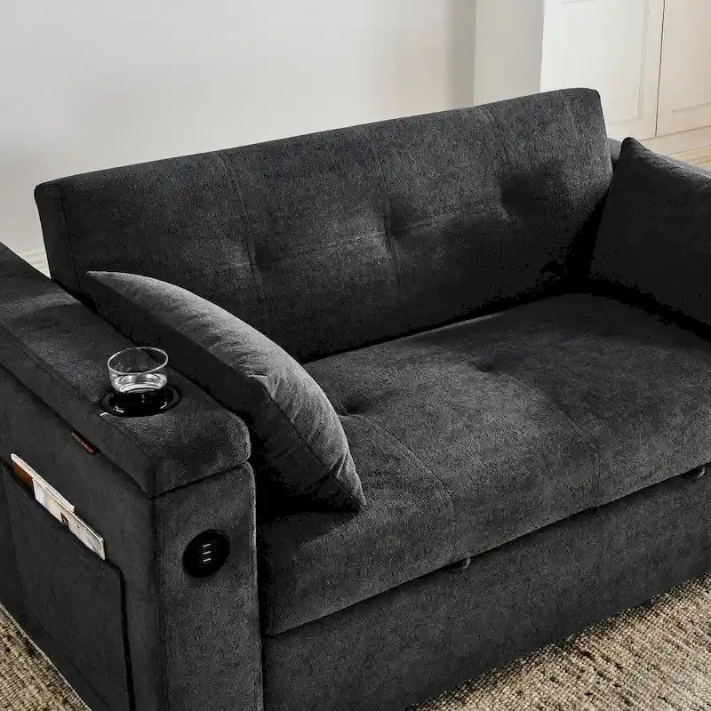 Divano letto a 2 posti con presa USB, tasche laterali e cuscino lombare