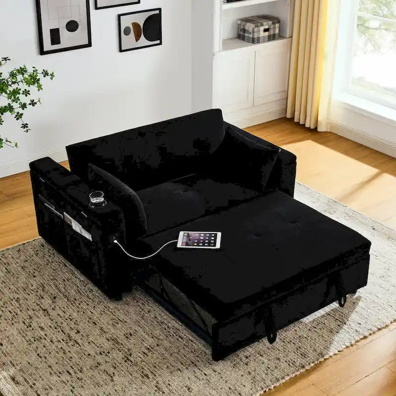 Divano letto a 2 posti con presa USB, tasche laterali e cuscino lombare